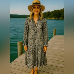 OPT Ruffled Paisley Floral Prairie Midi Dress Medium Women Bohemian Flowy Party